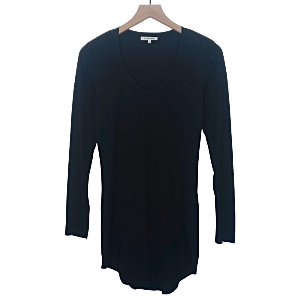 Cotton Citizen Womens V-Neck T-Shirt Black Pima Cotton Modal Long Sleeve Size S